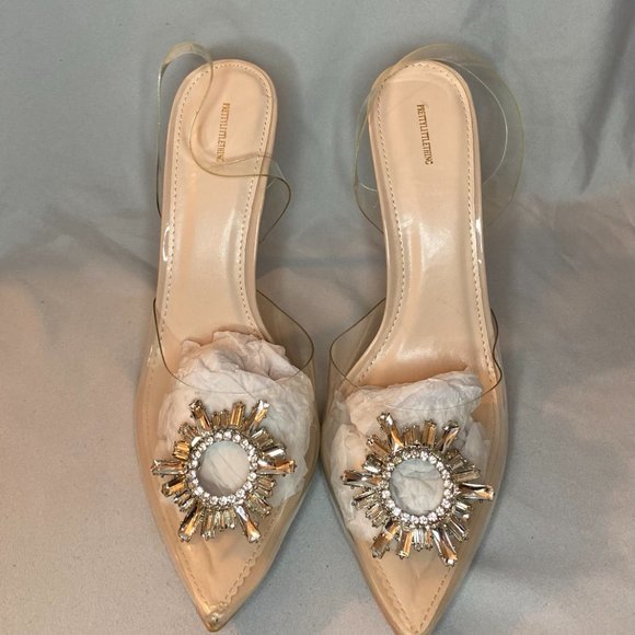 PrettyLitteThing Nude Diamante sling back cake stand high heels 4'' Heel - Picture 2 of 5